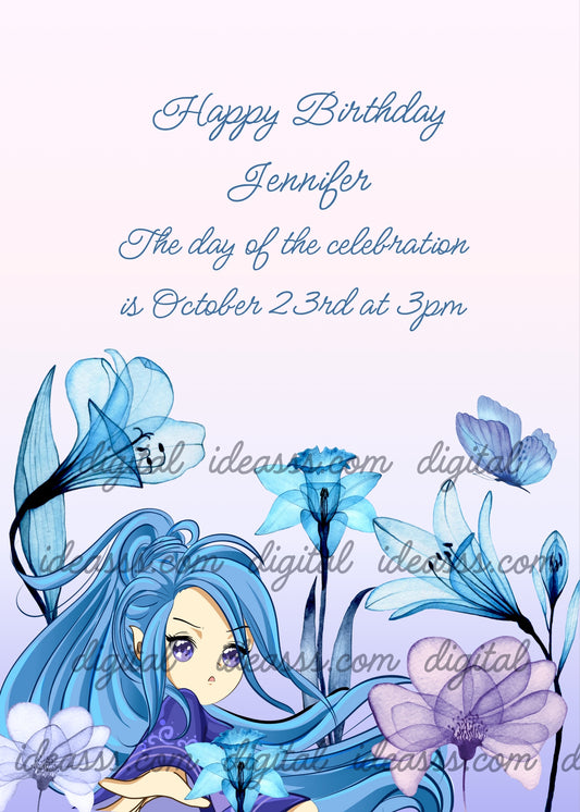 In the foreground a fairy with the blue hair, with the glass flowers that surround her. Printable birthday card for girls 8-14. 