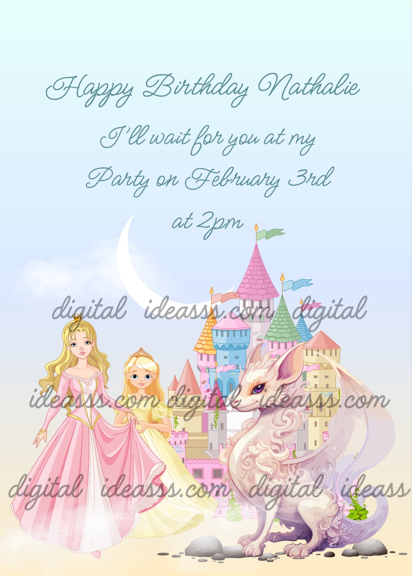 A very colorful castle, two princesses, and a white dragon in the foreground. Printable birthday card for girls 9-14.