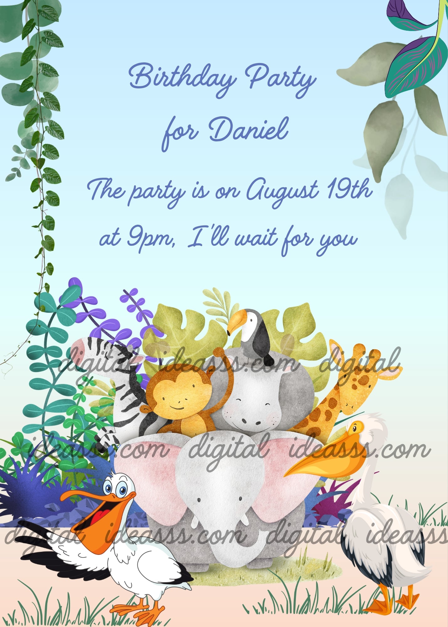 The jungle taxi, is an elephant that carries other jungle animals on its back. Printable birthday card for kids 3-10.  