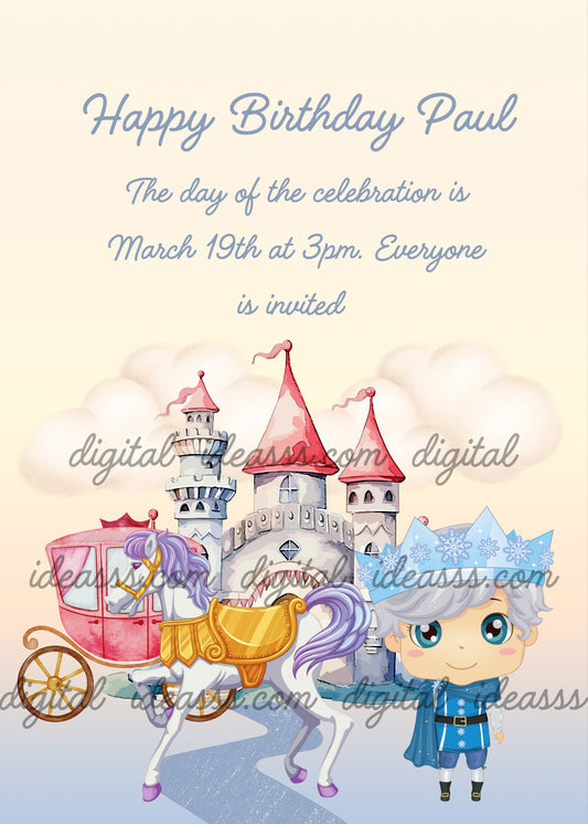 A child dressed as a king, with a horse, carriage and a castle in the background. Printable birthday card for boys 1-9.