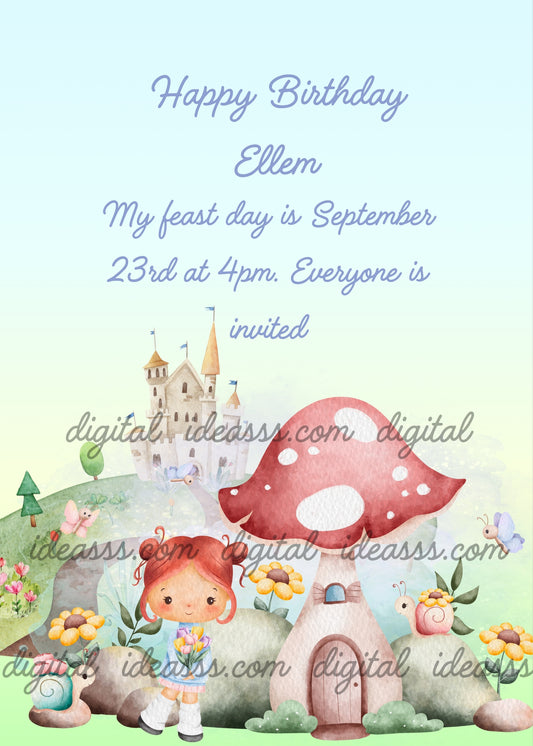 Landscape with castle, a big red mushroom for house and a little fairy. Printable birthday card for girls 1-9.