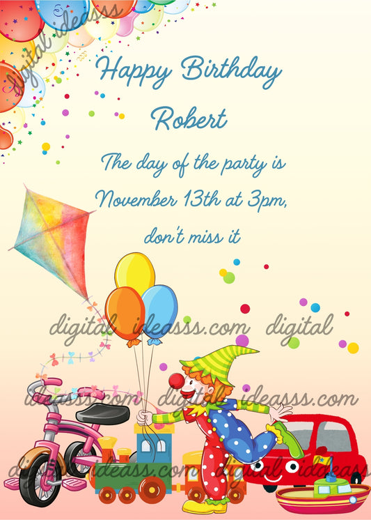 Clown with balloons in foreground, confetti, kite, and other colorful toys. Printable birthday card for kids 1-9. 