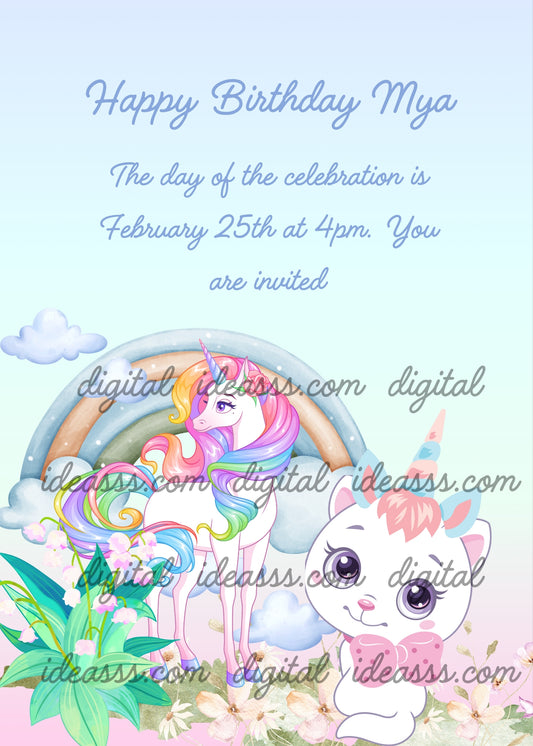 Cute kitten with ears and horn on its head, to imitate a unicorn that is sees on the lawn. Printable birthday card for kids 1-9. 