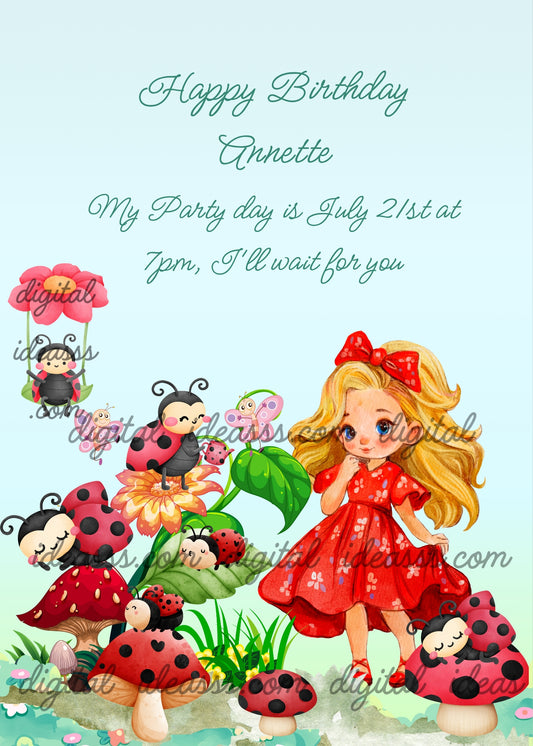 Little girl dressed in red in a garden where ladybugs sleep on polka-dotted mushrooms, and the swing is made of a flower. Printable birthday card for girls 
6-14.