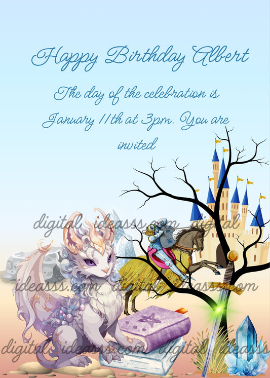 A white dragon is the guardian of a magic sword. In the background a knight and a castle. Printable birthday card for boys 
9-14. 
