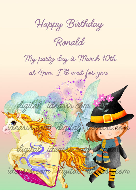 A little girls plays with a book and magic wand. A unicorn comes out of the book. Printable birthday card for kids 5-12.