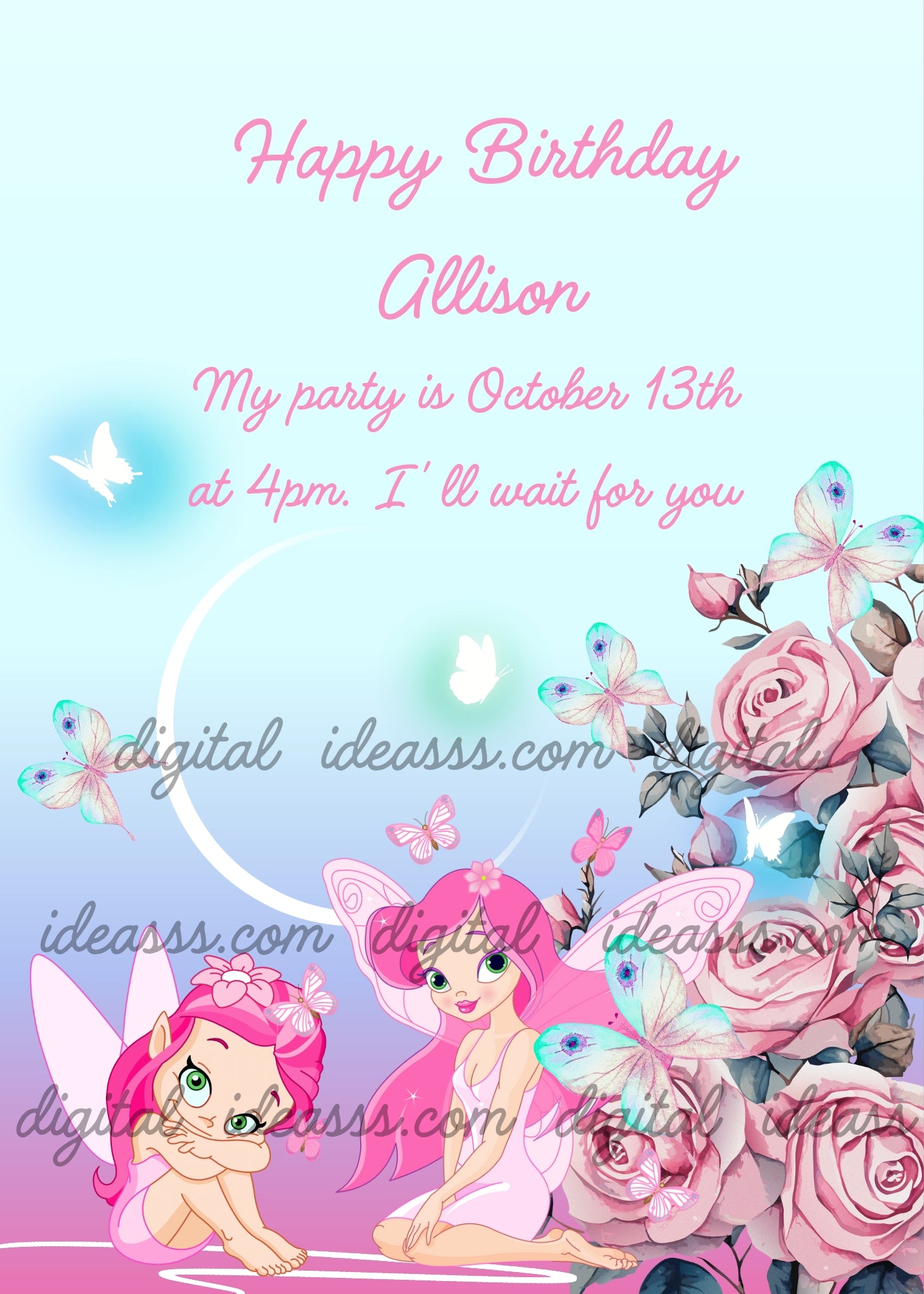 Two pink fairies in a garden, sitting next to a rose bush. A crescent moon and fireflies. Prinytable birthday card for girls
9-14.