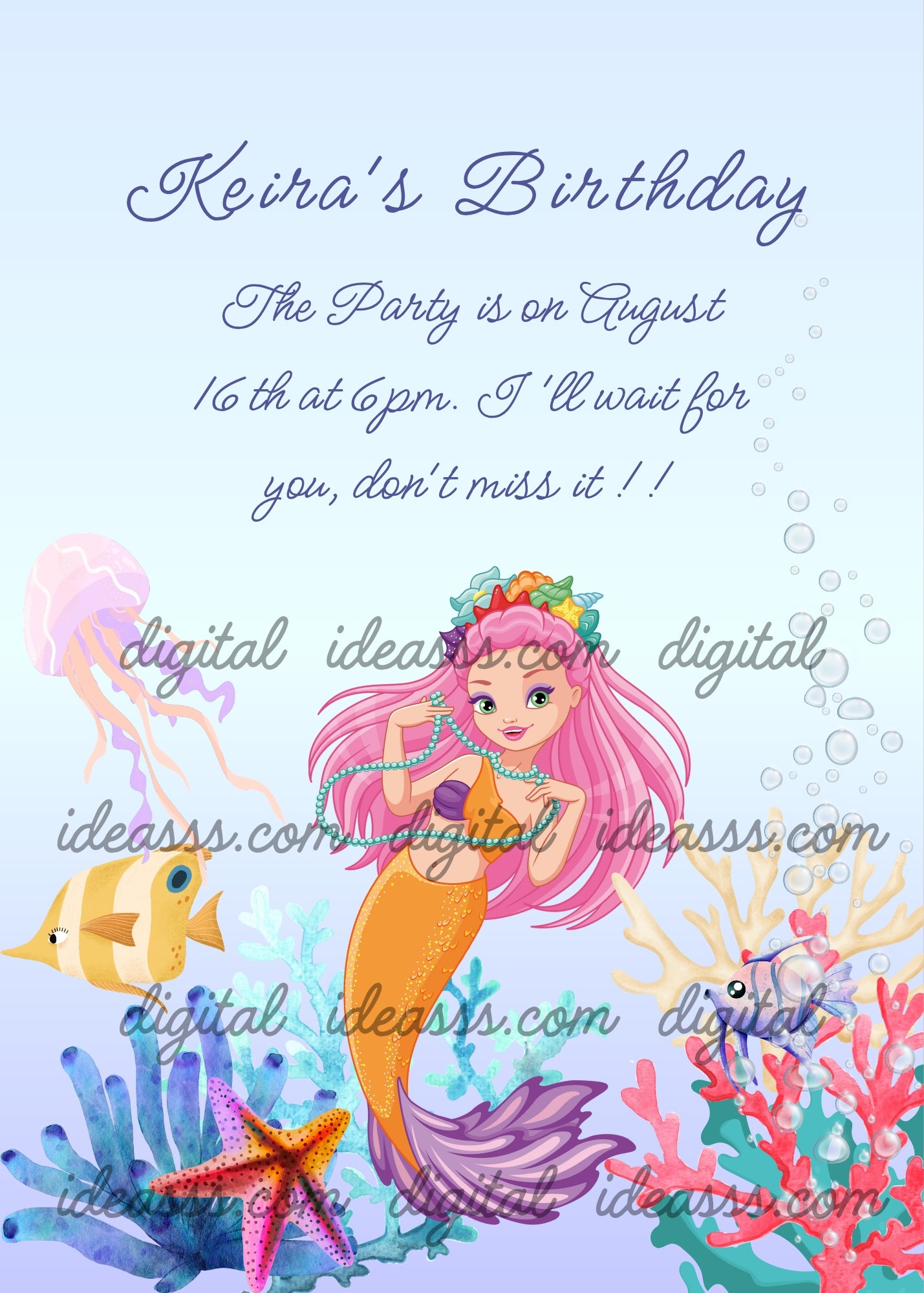 A pretty pink-haired mermaid displays a pearl necklace. Coral reefs on the seabed. Printable birthday card for girls 10-14. 