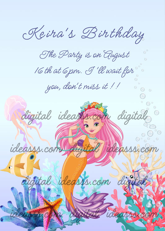 A pretty pink-haired mermaid displays a pearl necklace. Coral reefs on the seabed. Printable birthday card for girls 10-14. 