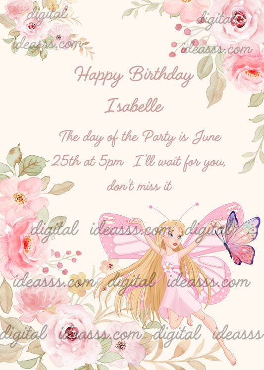Pink fairy, flying among the flowers, while looking at a butterfly. Printable birthday card for girls 8-14.