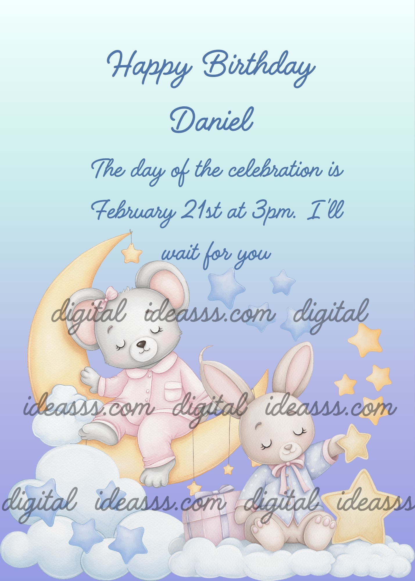 A cute little mouse, wearing pink pajamas sitting on the moon. A little bunny on a clouds, in blue pajamas, playing with the stars. Printable birthday card for kids 1-8. 