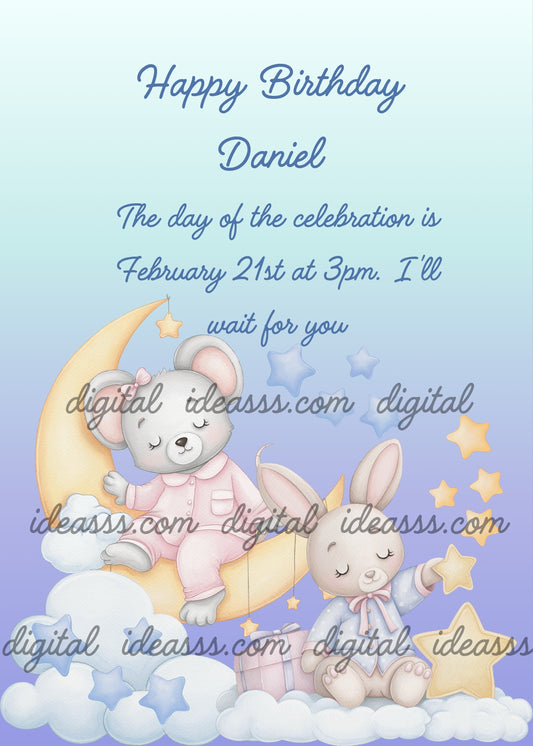 A cute little mouse, wearing pink pajamas sitting on the moon. A little bunny on a clouds, in blue pajamas, playing with the stars. Printable birthday card for kids 1-8. 
