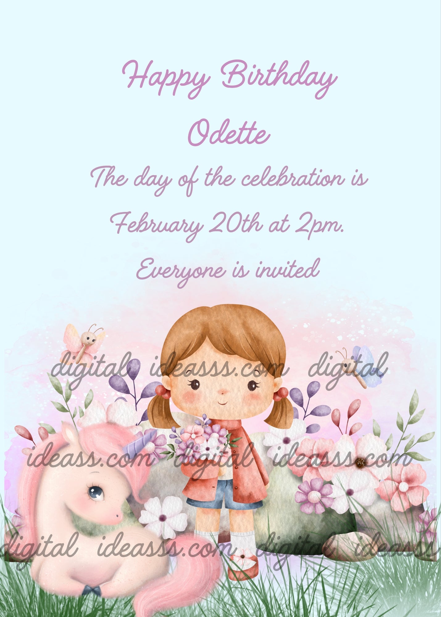 Little girl in a meadow with a bunch of flower in her hand, together with a pink unicorn. Printale birthday card for girls 
 1-10.