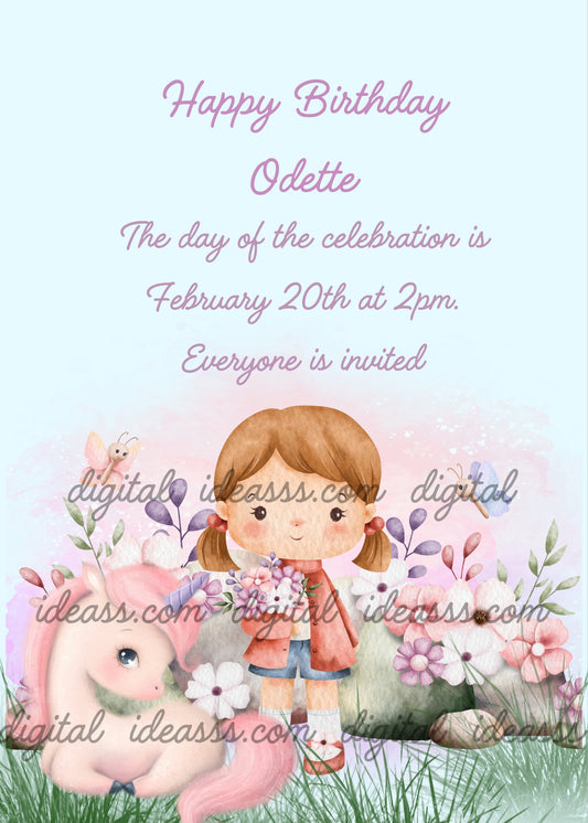 Little girl in a meadow with a bunch of flower in her hand, together with a pink unicorn. Printale birthday card for girls 
 1-10.