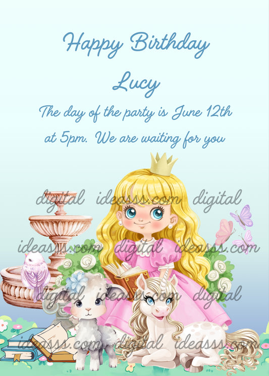 A princess sitting, in her garden reads a book. Next to her her friends: a unicorn and a lamb. Printable birthday card for girls 6-12. 