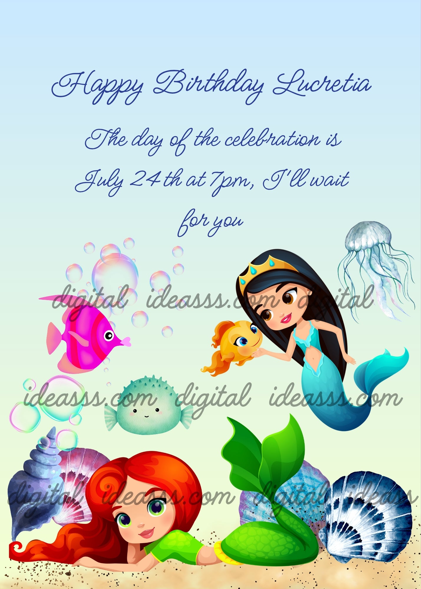 A little mermaid is lying on a seabed, looking at the shells, while the other exchanges glances with a puffer fish. Printable birthday card for girls 6-12. 