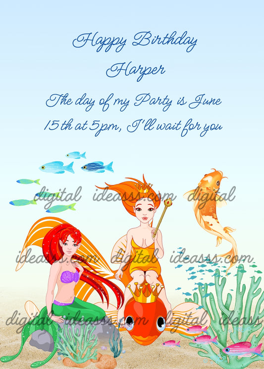 A sea queen rides a Japanese fish, and a red-haired mermaid sits on a rock on the seabed. Printable birthday card for girls 
9-14.  