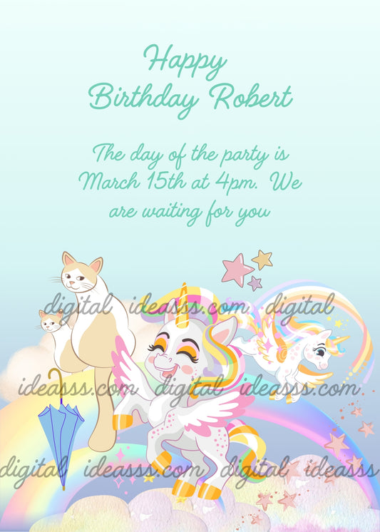 Smiling unicorns among clouds and rainbow. But two kittens with an umbrella, seems to say: the rainbow is ours too. Printable birthday card for kids 1-12.