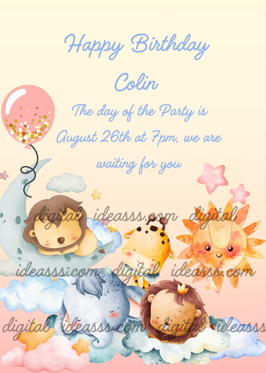 Jungle animals sleep peacefully among the clouds under the scorching sun. Printable birthday card for kids 1-9. 