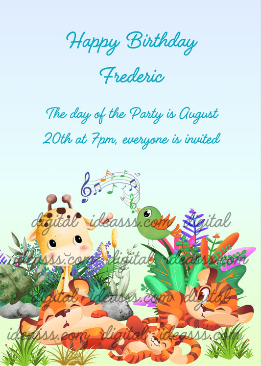 The tiger are sleeping, but a little bird sings for a giraffe. A tiger opens one eye and watches. Printable birthday card for kids 5-12. 