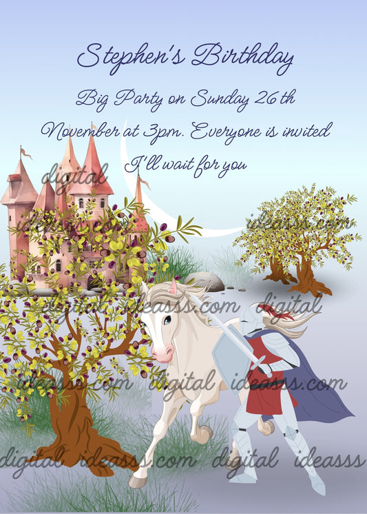 Sunset with moon. The return of a knight, dismounted from his horse, with sword in hand, hides among the chestnut trees. In the background his castle. Printable birthday card for boys 10-14. 