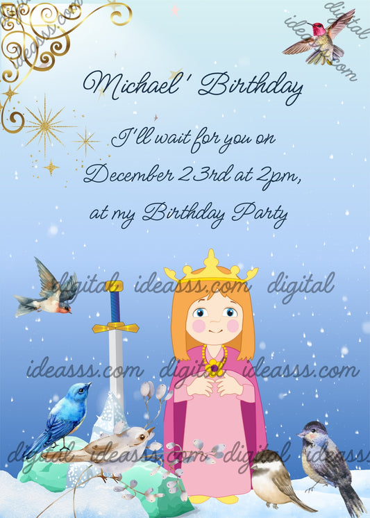 The snow is falling, a sword in a stone a young king, many little bird are approaching him. Printable birthday card for boys 8-12.