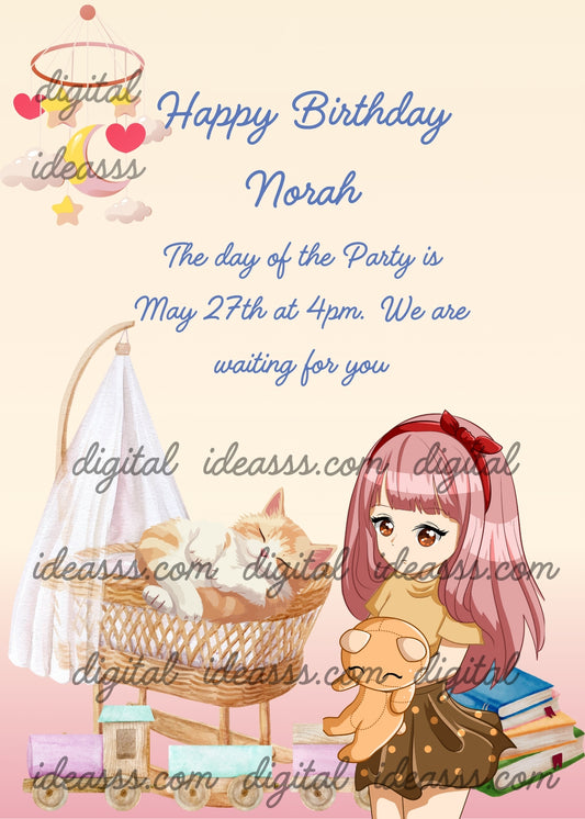 Cute little girls wants to give her teddy bear a rest. But the bed is occupied by her kitten. Printable birthday card for girls 1-9. 