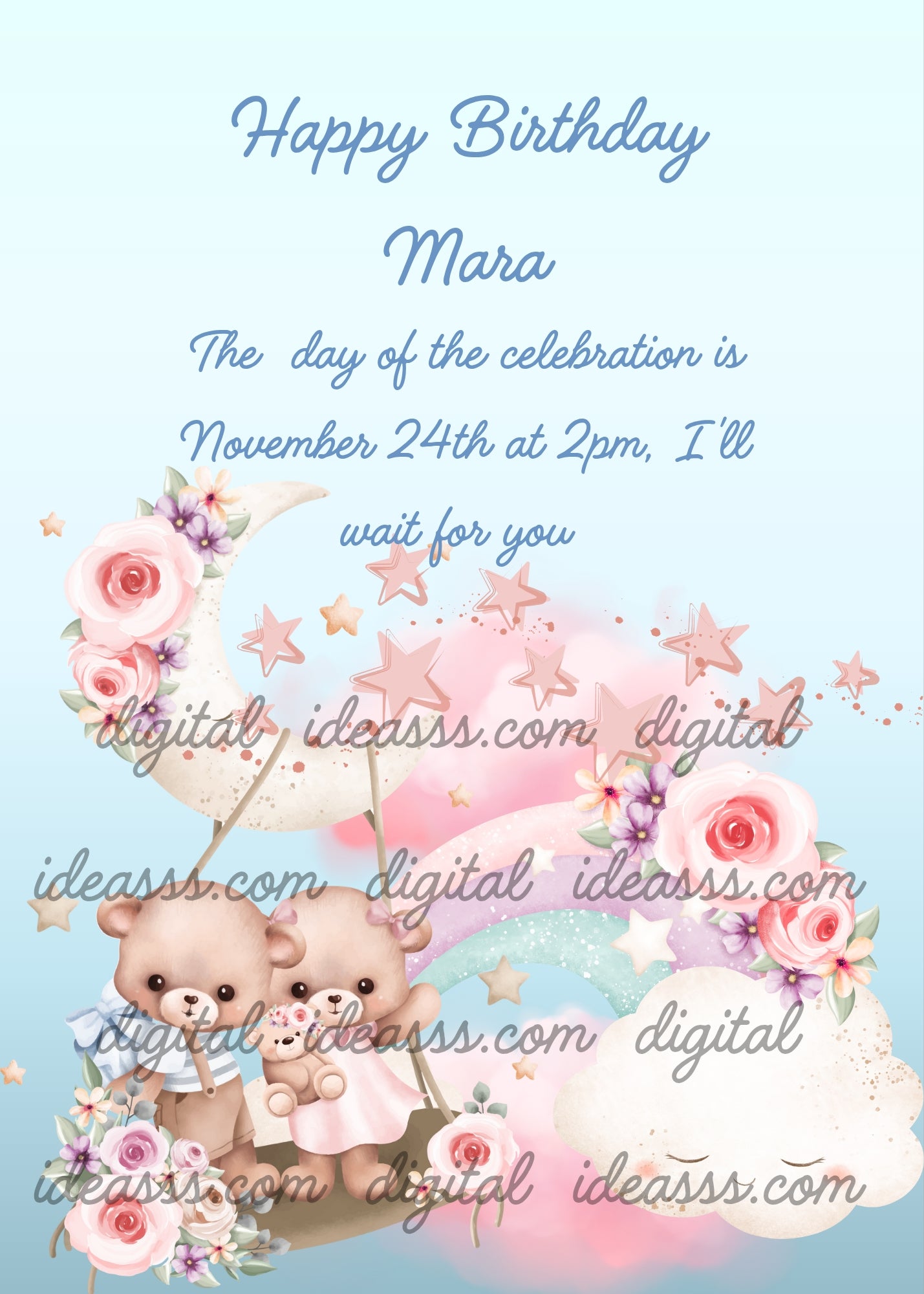 Two cute teddy bears with a flowery swing attached to the moon. A rainbow of flowers and stars. Printable birthday card for kids 1-8.