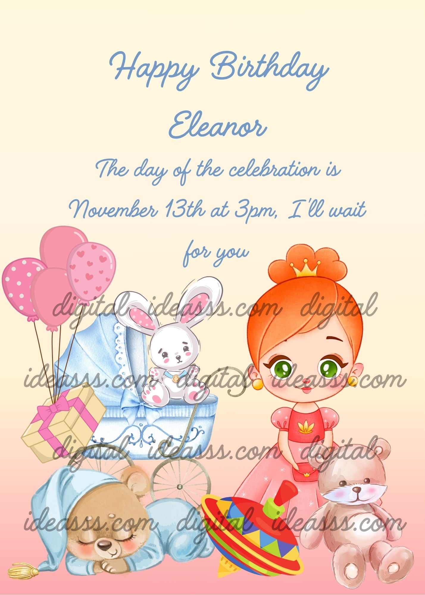 Cute doll and spinnig top, in the foreground. A teddy bear in pajamas, sleeps among other romantic toys. Printable birthday card for girls 1-9. 