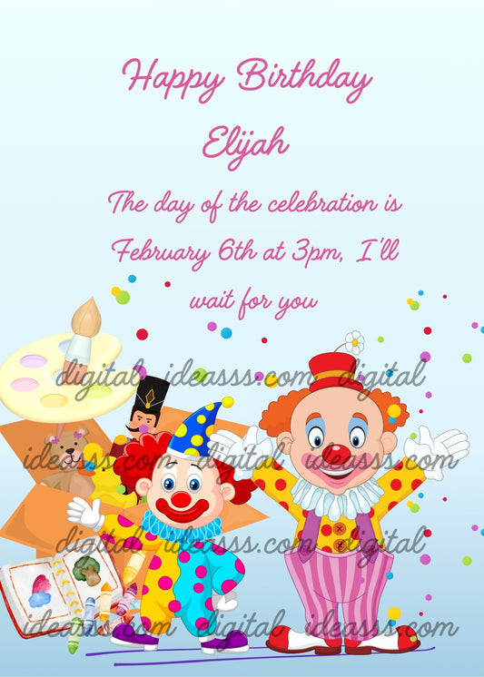 Two clowns with bright clothes toys, paints  and confetti. This card is very cheerful and colorful. Printable birthday card for kids 6-12. 