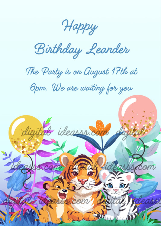 A tiger with her cubs with balloons, among colorful jungle plants and ballons. Printable birthday card for kids 5-10. 