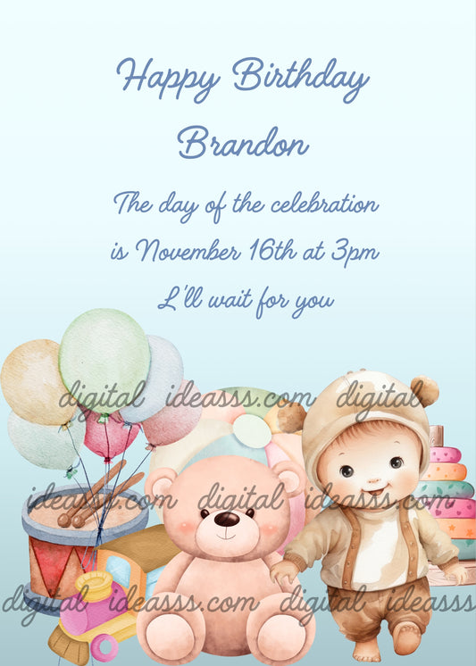 Close-up a teddy bear, with a child in a teddy bear suit. In the background colorful toys. Printable birthday card for kids 1-8. 