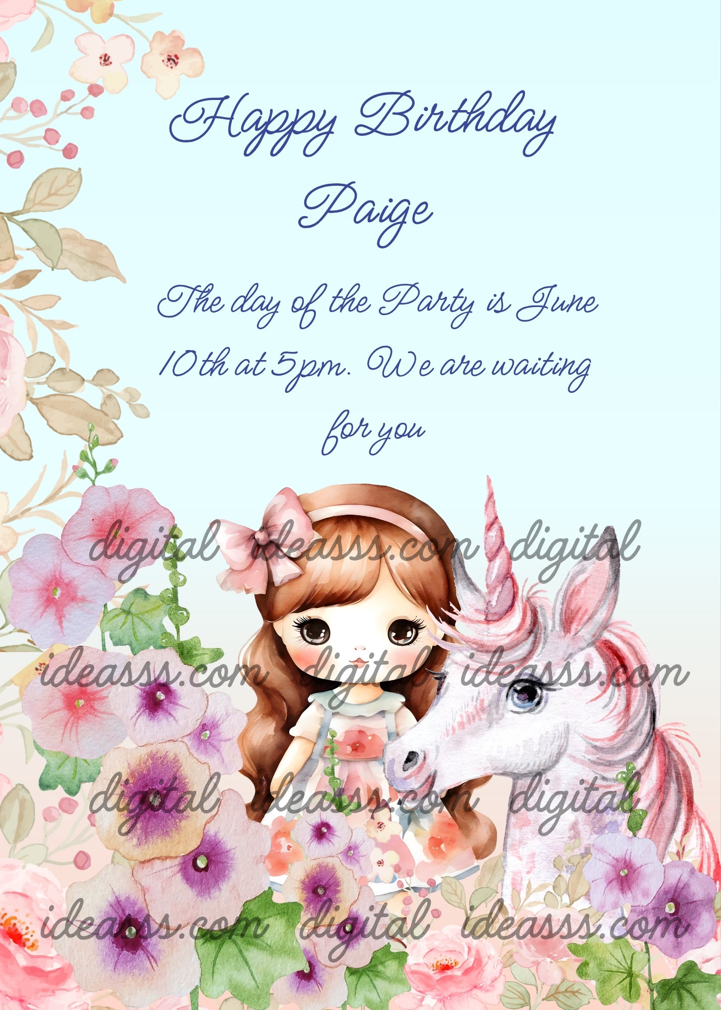 In a garden full of colorful flowers, a little girl with a unicorn. Printable birthday card for girls 6-12. 