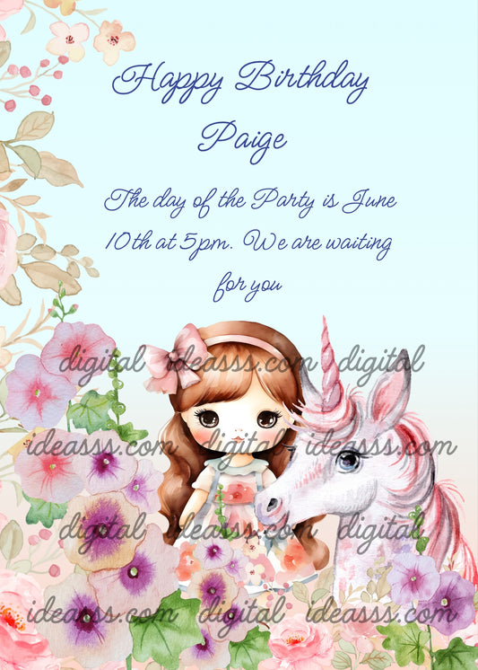 In a garden full of colorful flowers, a little girl with a unicorn. Printable birthday card for girls 6-12. 