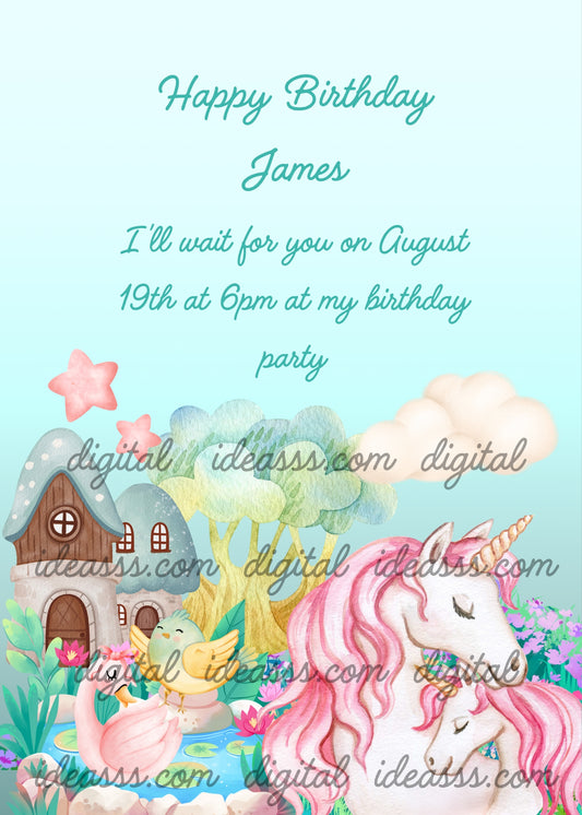 In the foreground mother unicorn with her little one. In the background, pretty little houses and a pond with swan. Printable birthday card for kids  1-7. 