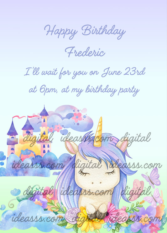 Little unicorn with blue mane and fowers. In the background landscape with clouds and castles. Printable birthday card for kids 1-8. 