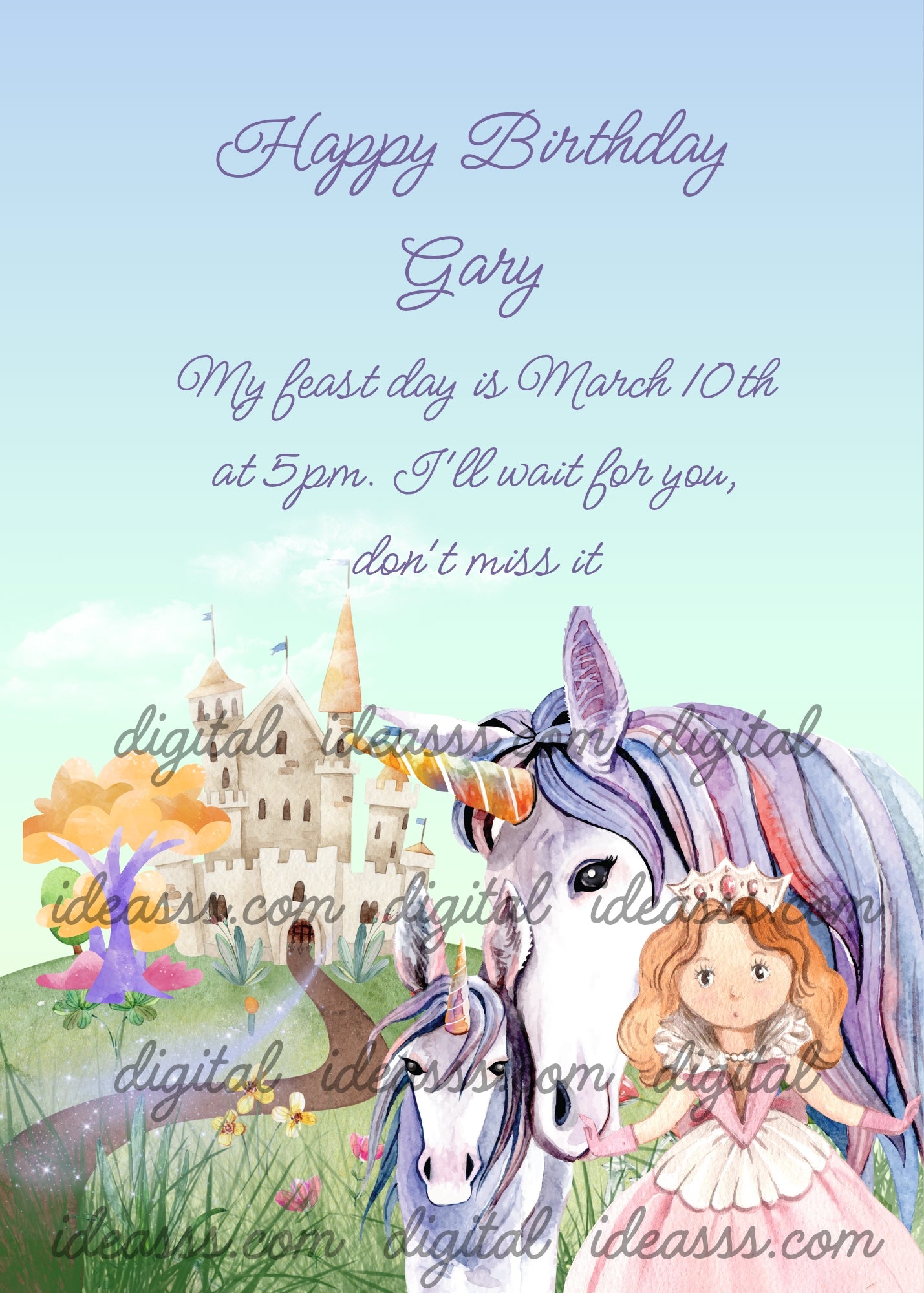 Landscape with castle and fairy road. Two unicorns in the foreground and princess. Printable birthday card for kids 8-14. 