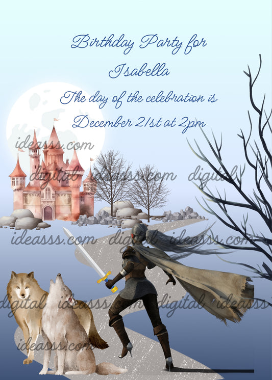 A princess dressed as a warrior, walks towards the castle. At her side two wolves. Printable birthday card for girls 10-14. 
