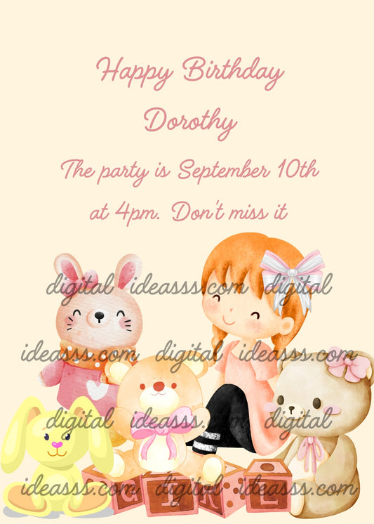 Cute little girl sitting among her favorite toys; teddy bears and bunnies. Printable birthday card for girls 1-9. 