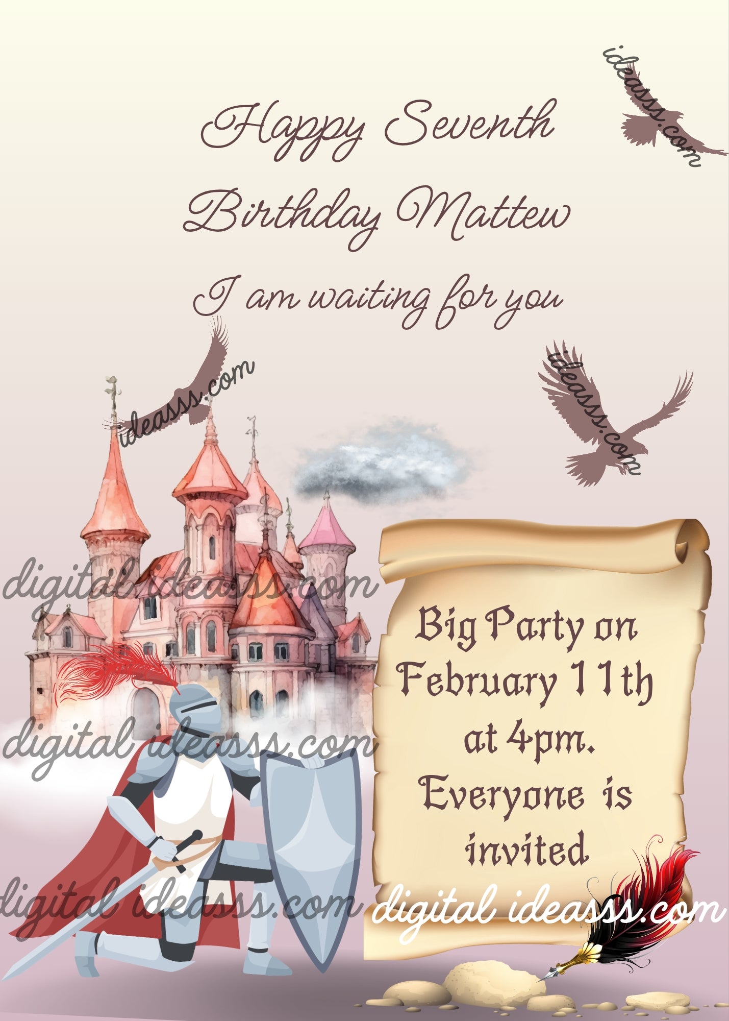Castle, hawks, and clouds for background. A knight in armor is kneeling in front of a parchment. Printable birthday card for boys 10-14.