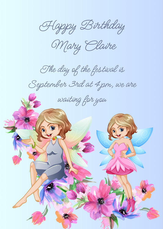 Two pretty fairies: one sitting on an Anemone flower, the other standing on tiptoe. Printable birthday card for girls 
9-14.