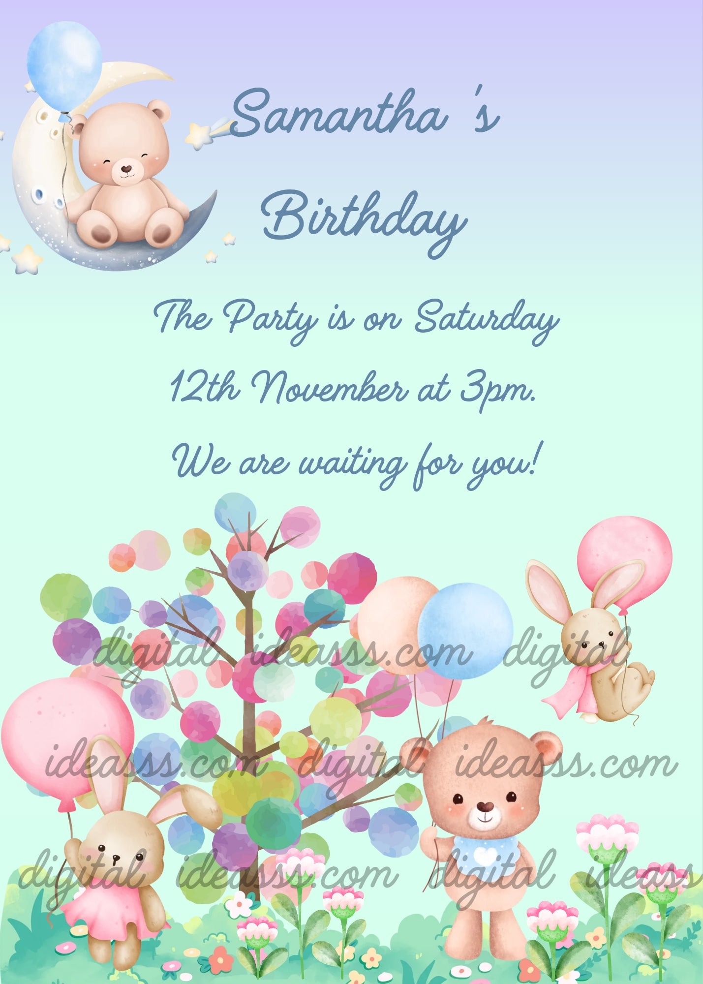 A meadow with cute teddy bears, a balloon tree, and bunnies flying with balloons.  Printable birthday card for kids 1-8.