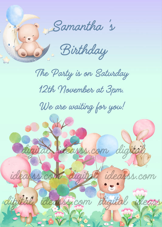 A meadow with cute teddy bears, a balloon tree, and bunnies flying with balloons.  Printable birthday card for kids 1-8.