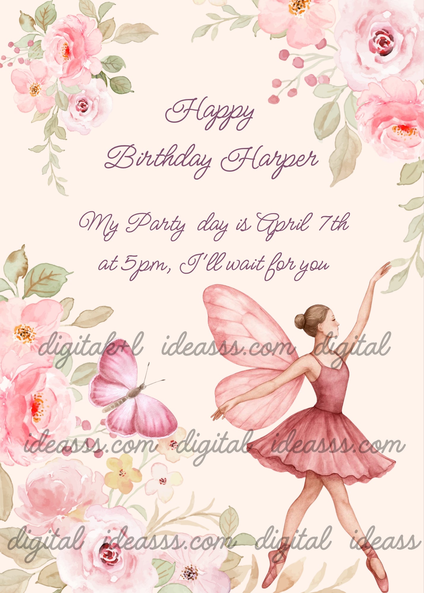 Corners with floral and butterfly decorations. On one side, a classical ballet dancer, with wings.  Printable birthday card for girls 9-14.
