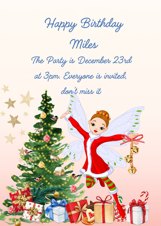 Christmas tree, gift packages and a flying fairy with a red dress and bells. Printable birthday card for kids 5-12.