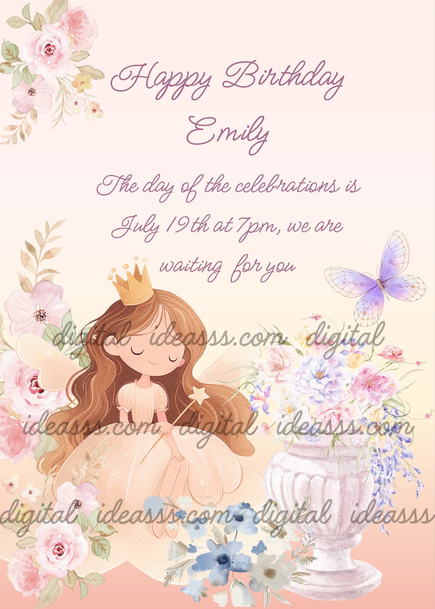 Delicate princess with magic wand, in her rose garden. Dominant color light pink. Printable birthday card for girls 9-14.