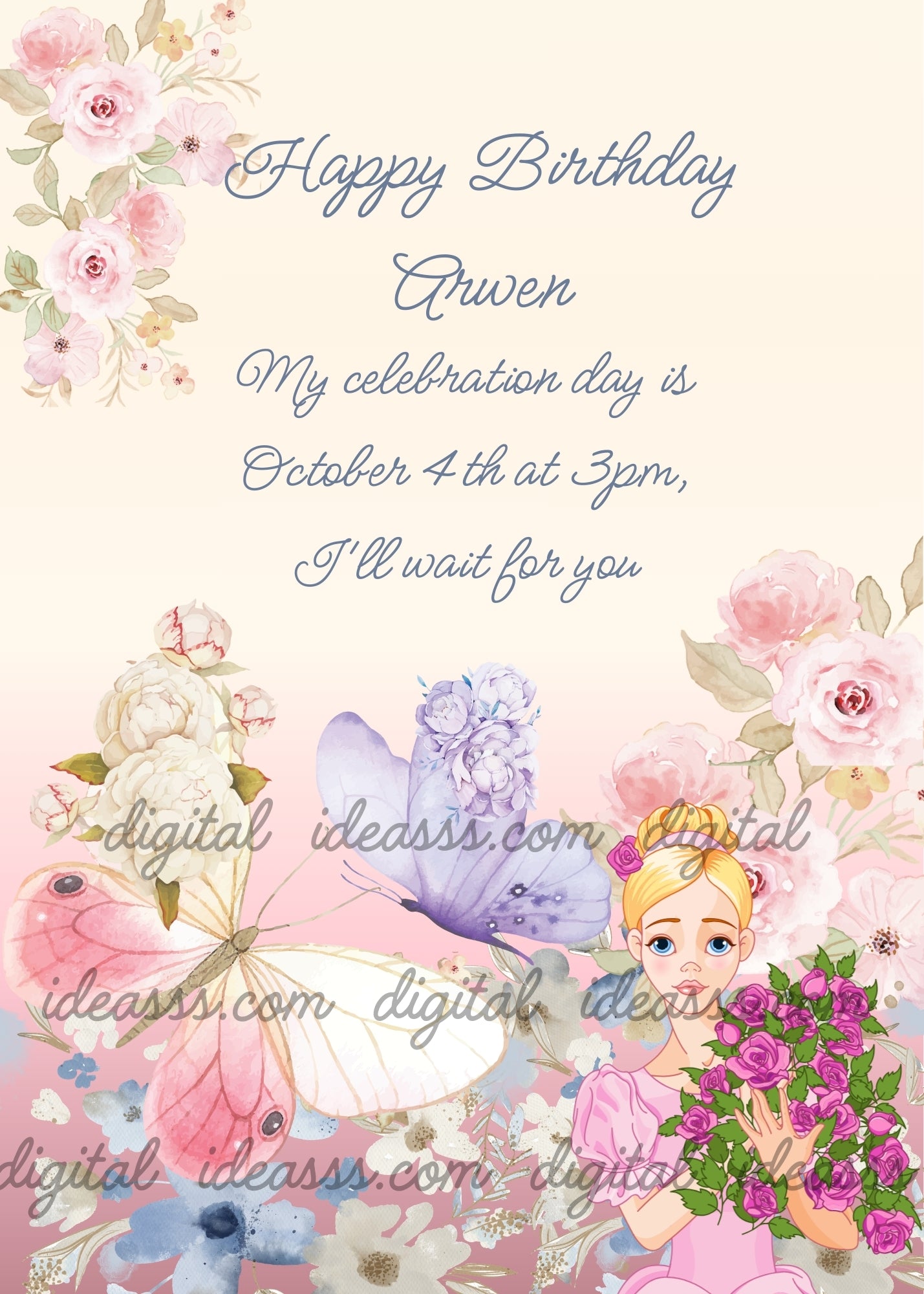 A rose garden with a princess. She holds a bouquet of flowers. The flowers  are half butterflies in flight.  Printable birthday card for girls 10-14.