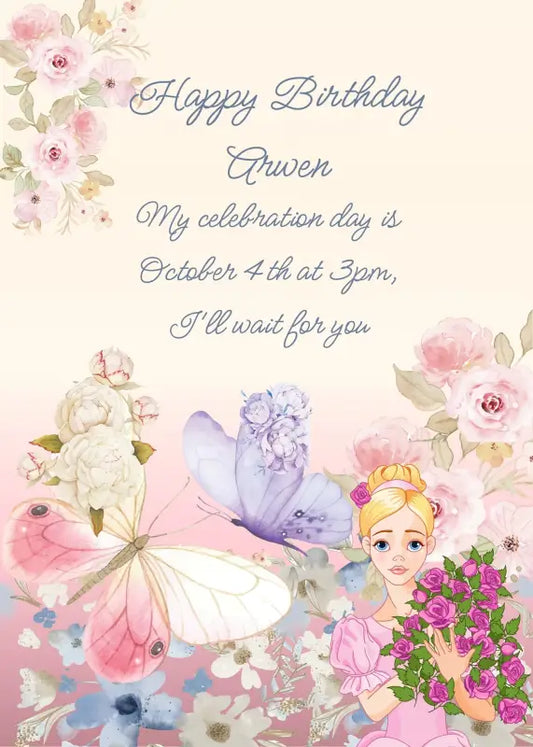 Rose garden with flowers half butterflies. A princess holding a bouquet of roses, blends in with the flowers. Printable birthday card for girls 10-14.