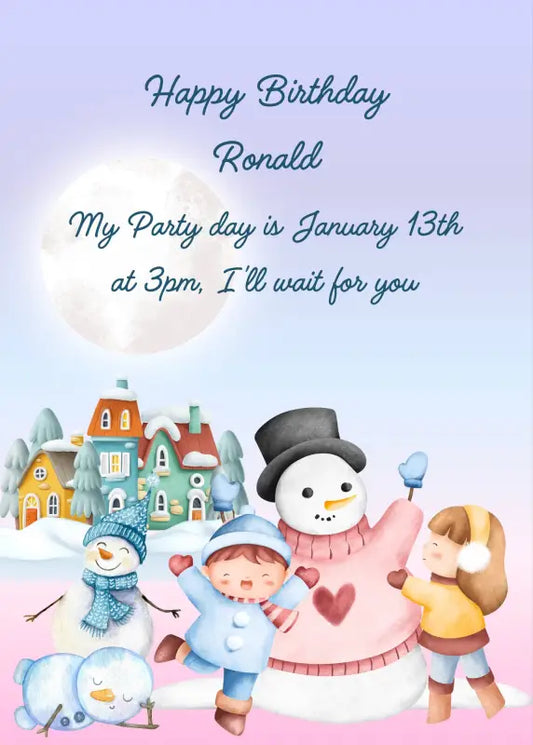 Snowy landscape, moon in the background, and two happy children building snowman. Printable birthday card for kids 1-12.