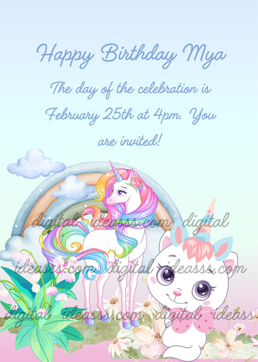 Cute kitten with ears and horn on its head, to imitate a unicorn that is sees on the lawn. Printable birthday card for kids 1-9.